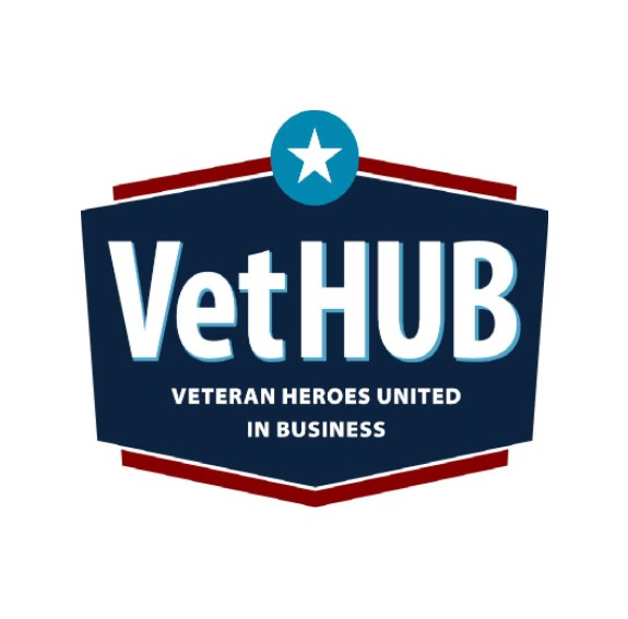 Texas Veteran Heroes United in Business (VetHUB) Program logo promoting certified vendors statewide. Visit Texas4HUBS.org